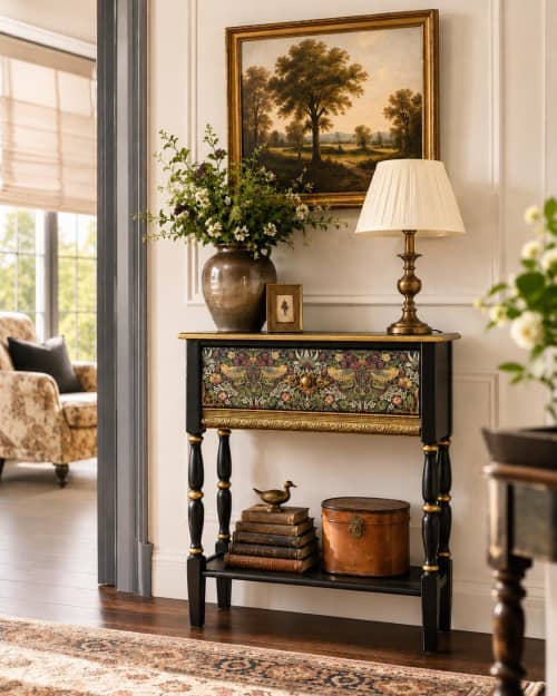 William Morris Strawberry Thief Console Table – Handcrafted Narrow Entryway Table with Drawer | Tables by Birds and Gardens Inc. Item made of maple wood works with mid century modern & country & farmhouse style