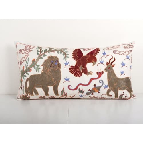 Extra Long Animal Pictorial Lion Cushion, Kingsize Suzani Be | Pillows by Vintage Pillows Store