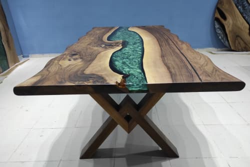 Custom Order Dark Walnut Green Epoxy Table | Dining Table in Tables by LuxuryEpoxyFurniture. Item made of wood with synthetic