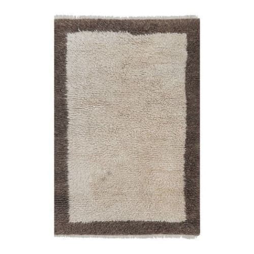 Vintage Organic Wool White and Brown Turkish Shaggy Tulu Rug | Area Rug in Rugs by Vintage Pillows Store