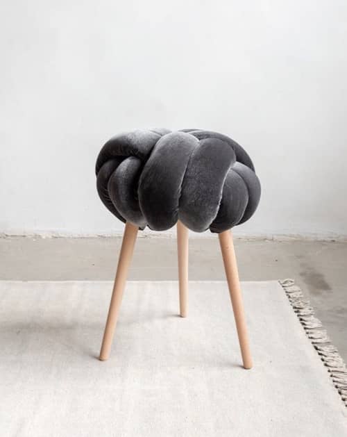 Grey Velvet Knot Stool | Chairs by Knots Studio. Item composed of wood & fabric
