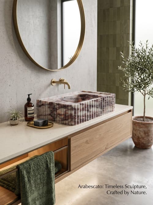 Hand-Carved Arabescato Marble Sink with Scalloped Edge | Water Fixtures by AYMARBLEDESIGN LLC