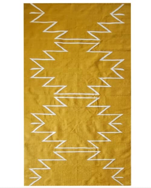 Mustard Cleo Handwoven Kilim Rug | Yellow Base | Area Rug in Rugs by Mumo Toronto. Item composed of cotton