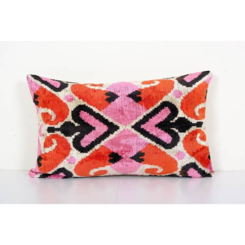 Silk Ikat Velvet Pillow with Pink Details, Handmade Velvet | Cushion in Pillows by Vintage Pillows Store. Item made of cotton
