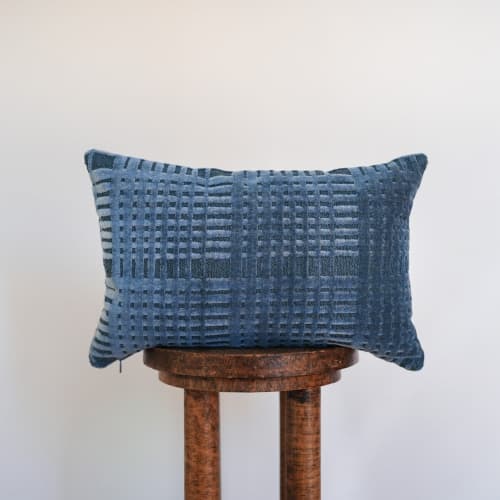 High Pile Blue Chenille Squares Lumbar Pillow 12x18 | Pillows by Vantage Design