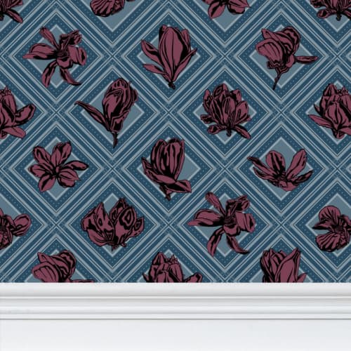 Trellis - Magnolia Flowers - Dark Magenta Reverse Blue Green | Wallpaper in Wall Treatments by Sean Martorana. Item made of paper