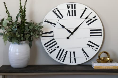 30" White Farmhouse wall clock - In-stock | Ornament in Decorative Objects by Hazel Oak Farms. Item made of wood