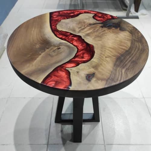 Custom Order 24 " Round Walnut Metallic Red Epoxy Dining | Dining Table in Tables by LuxuryEpoxyFurniture. Item composed of wood and synthetic
