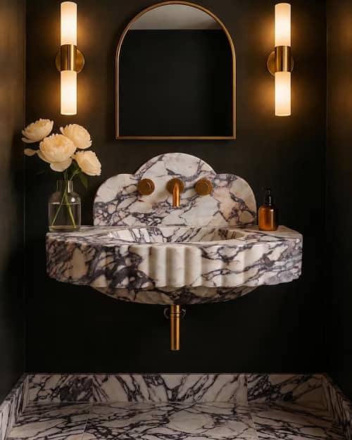 Italian Calacatta Viola Marble Sink, Designer Scalloped Bathroom Vanity | Work by Vero Marble