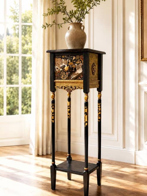 Hand-Painted Console Table with Ocelots & Mushrooms, Luxury Whimsical Furniture, Collector Statement Piece, Custom Art Entry Table | Tables by Birds and Gardens Inc. Item made of oak wood compatible with boho and eclectic & maximalism style