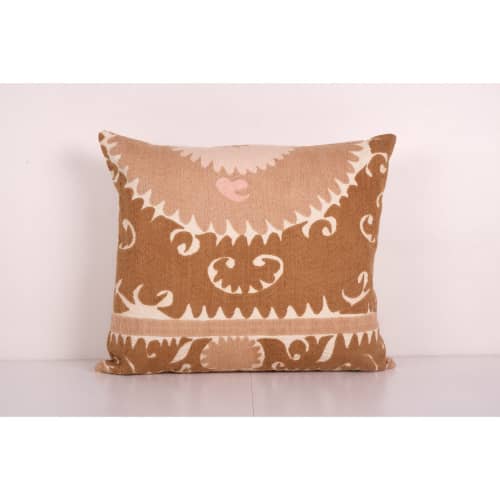 Suzani Square Pillow Fashioned from Uzbek Textile - Faded Br | Cushion in Pillows by Vintage Pillows Store