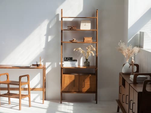 Mid Century Modern Ladder Bookshelf, Modular wall shelving | Book Case in Storage by Plywood Project. Item composed of oak wood in minimalism or mid century modern style