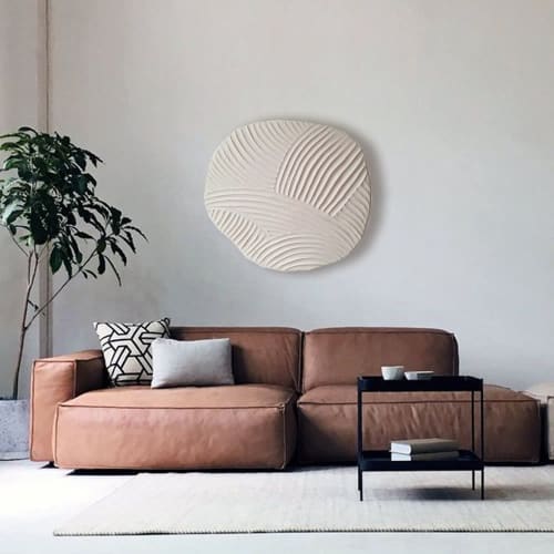 3D Relief Painting: Sculptural Marble Plaster Wall Art, Irregular Shape Round Piece | Wall Sculpture in Wall Hangings by Vaiva Art Atelier