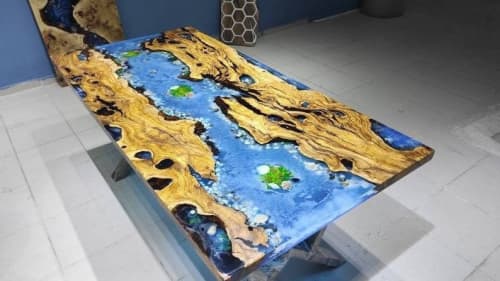 Custom Order Olive Wood Sea Design Blue Epoxy Coffee Table | Dining Table in Tables by LuxuryEpoxyFurniture. Item made of wood & synthetic