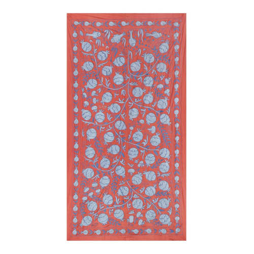Silk Suzani Throw With Pomegranate Design, Fresh Salmon Suza | Tablecloth in Linens & Bedding by Vintage Pillows Store