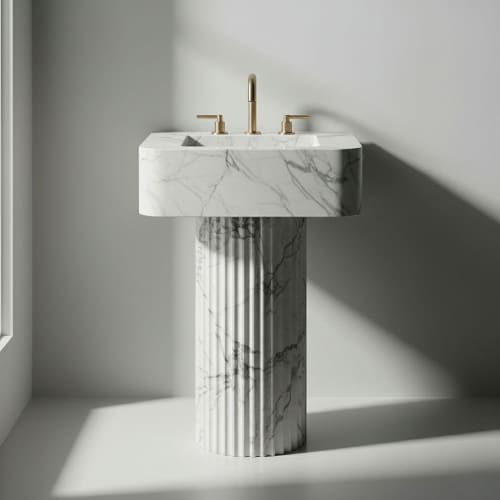 Modern Pedestal Rosso Levanto fluted marble sink | Water Fixtures by AYMARBLEDESIGN LLC