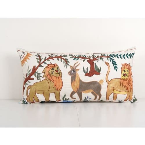 Suzani Yellow Lion Pictorial Pillowcase, Animal Figure Beddi | Cushion in Pillows by Vintage Pillows Store