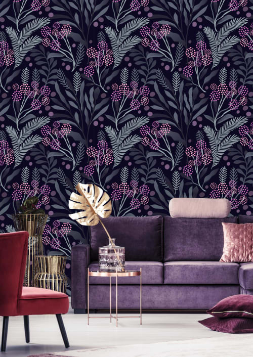 Dark Berries and Leaves Wallpaper | Wall Treatments by uniQstiQ. Item composed of synthetic