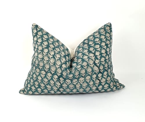 teal block print floral pillow, teal floral pillow | Pillows by Velvet Fringe