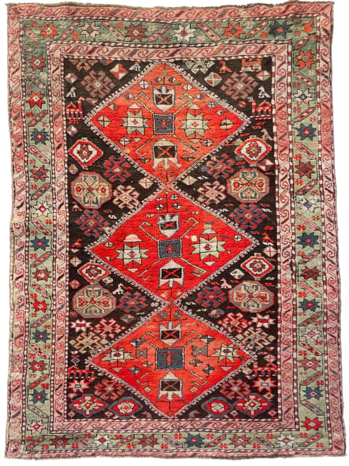 SUPERE UNIQUE Antique Caucasian | Sage Green Border Charcoal | Area Rug in Rugs by The Loom House. Item made of fabric with fiber