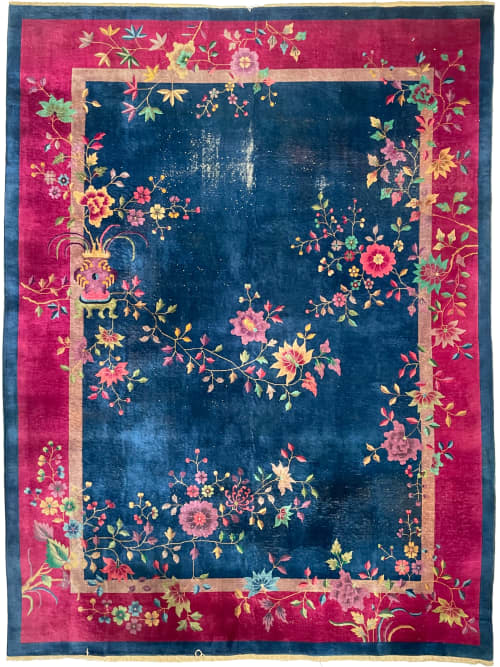 GLOWING Antique Art Deco Asian Botanical Garden | Magenta | Area Rug in Rugs by The Loom House. Item composed of fiber