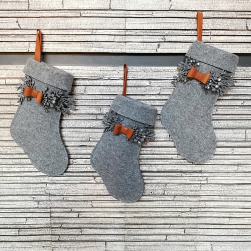 Handmade grey felt Christmas stocking, 1 pc. | Ornament in Decorative Objects by DecoMundo Home. Item composed of fabric & aluminum compatible with boho and minimalism style
