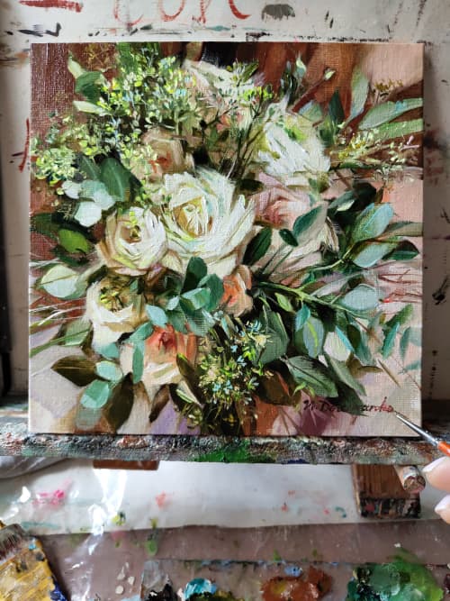 Bridal bouquet painting, Custom wedding flowers portrait | Oil And Acrylic Painting in Paintings by Natart. Item composed of canvas and synthetic