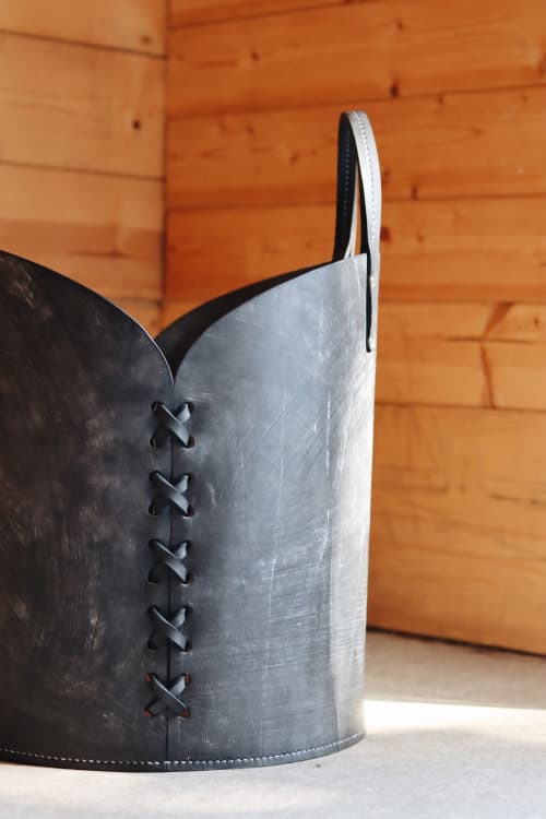 16in Black Leather Basket | Storage Basket in Storage by Harrow and Sickle Leather Design