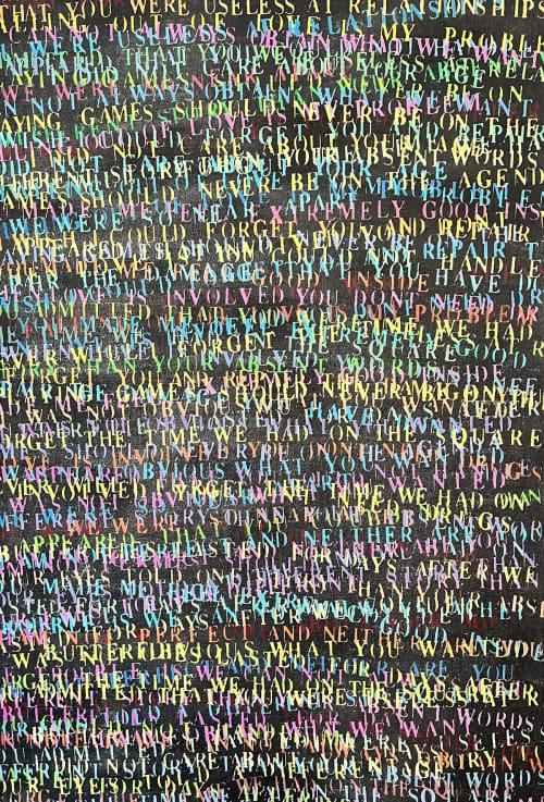 Love Letters on denim 26"x 40" | Mixed Media in Paintings by Emeline Tate. Item composed of fabric & synthetic