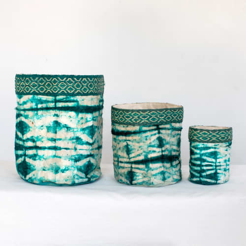 Wild Silk Shibori Basket - Stick Pattern - Emerald & Natural | Storage Basket in Storage by Tanana Madagascar. Item made of fabric with fiber