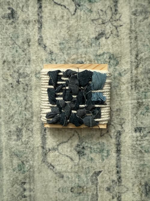 Mini Woven Tile - Denim #3 | Wall Sculpture in Wall Hangings by Mpwovenn Fiber Art by Mindy Pantuso