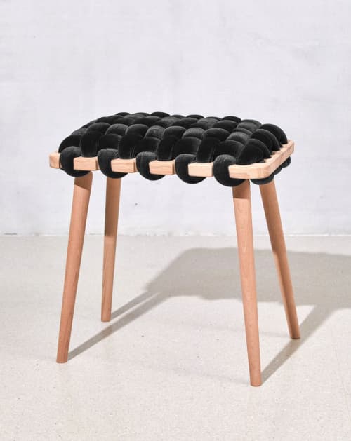 Black Velvet Woven Stool | Chairs by Knots Studio. Item composed of wood & fabric
