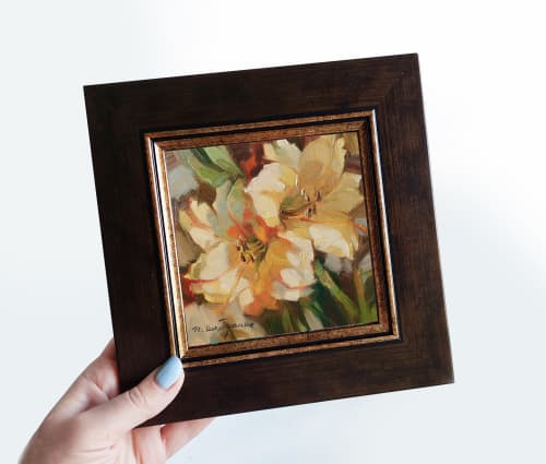 Lily floral painting original framed 6x6, Mom gift | Oil And Acrylic Painting in Paintings by Natart. Item composed of canvas and synthetic in contemporary style