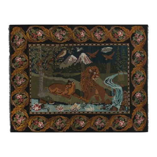 Vintage Lion Family Kilim Rug - Animal Garden Kilim | Area Rug in Rugs by Vintage Pillows Store. Item composed of cotton