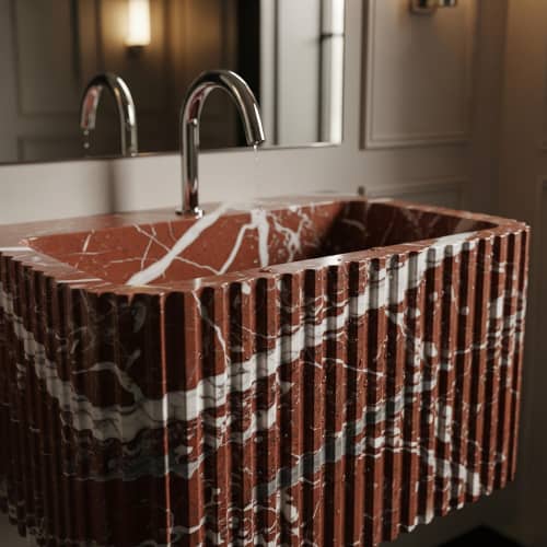 Hand-Carved Rosso Levanto Marble Sink-Fluted Marble Bathroom Vessel Sink | Water Fixtures by AYMARBLEDESIGN LLC