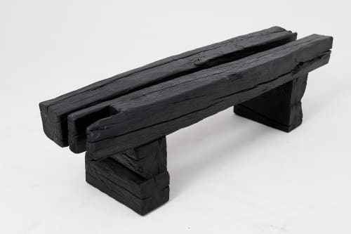 Garden Bench, Rustic Blackened Wood, Raw Organic Form Indoor, Outdoor | Benches & Ottomans by Logniture