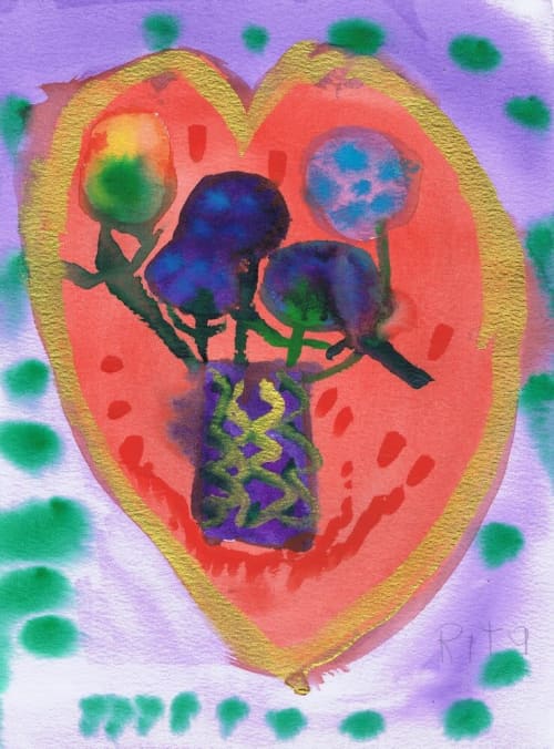 Gold Vase Heart - Original Watercolor | Watercolor Painting in Paintings by Rita Winkler - "My Art, My Shop" (original watercolors by artist with Down syndrome). Item composed of paper in contemporary or modern style