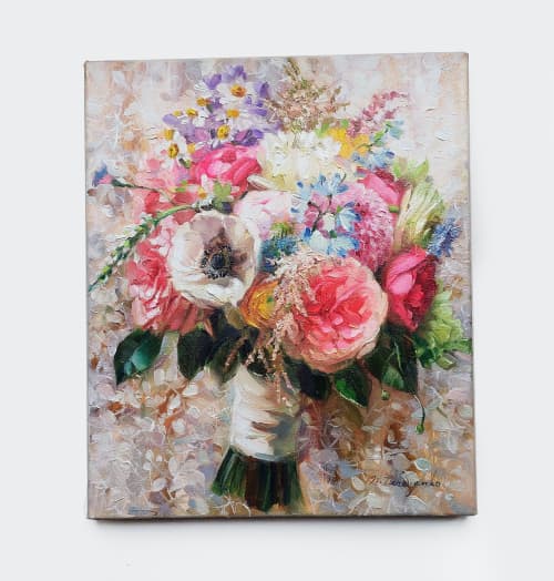 Custom bridal bouquet painting 1st anniversary gift for wife | Oil And Acrylic Painting in Paintings by Natart. Item made of canvas with synthetic