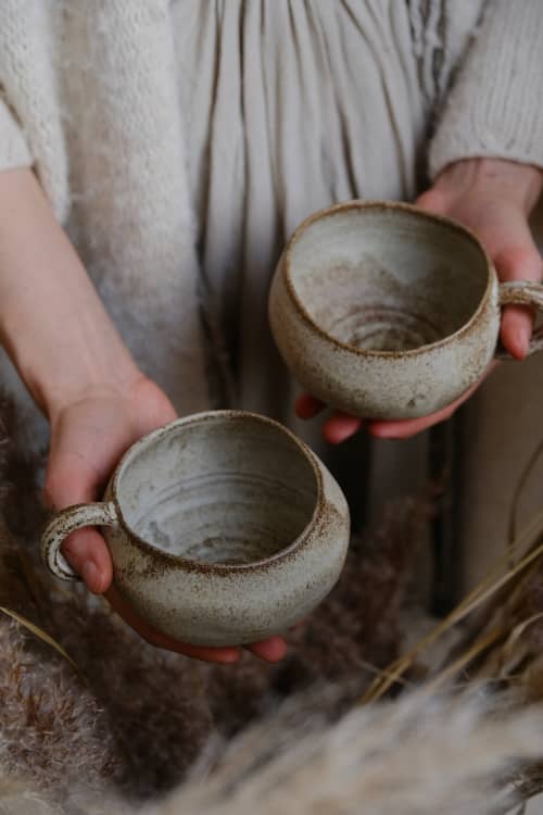 SET of (2 mugs) Earthling - "Home" - organic natural shape | Drinkware by Laima Ceramics. Item composed of stoneware in minimalism style