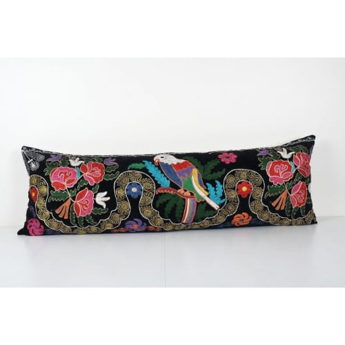 Velvet Suzani Lumbar Cushion Cover, Parrot Pictorial Sızani | Pillows by Vintage Pillows Store