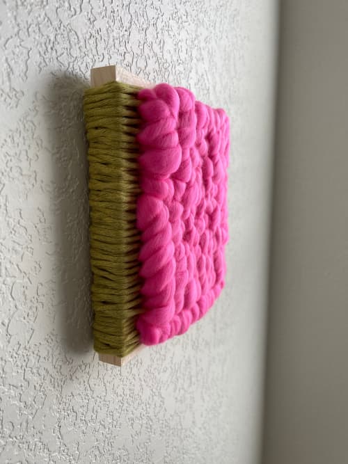 Woven Tile- Fluff- Hot pink and Lime | Wall Sculpture in Wall Hangings by Mpwovenn Fiber Art by Mindy Pantuso