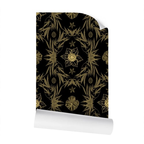 IVI Poppy Daisies & Cannabis Leaves Black Gold | Wallpaper in Wall Treatments by Sean Martorana. Item made of paper