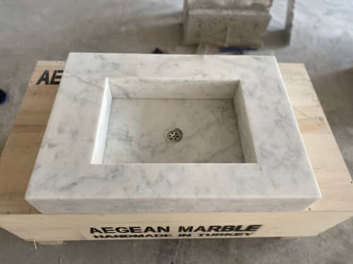 Handmade Carrara Marble Sink: Wall Mount Washbasin (21”x30”x5”) | Water Fixtures by AEGEAN MARBLE ARTISAN ATELIER