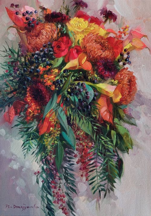 Bridal bouquet painting from photo, Wedding red flowers | Oil And Acrylic Painting in Paintings by Natart. Item made of canvas & synthetic