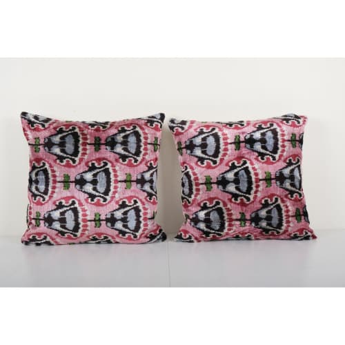 Handmade Pink Silk Ikat Velvet Pillow Cover - Set of Two Lux | Cushion in Pillows by Vintage Pillows Store