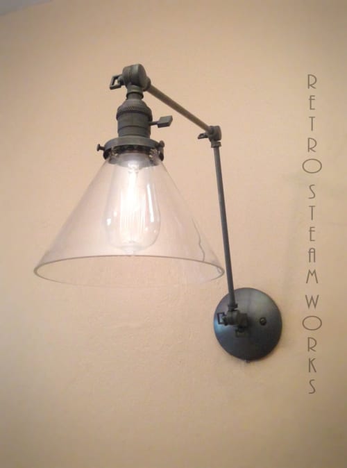 Swinging Adjustable Wall Light - Industrial Sconce | Sconces by Retro Steam Works. Item composed of metal and glass in mid century modern or industrial style