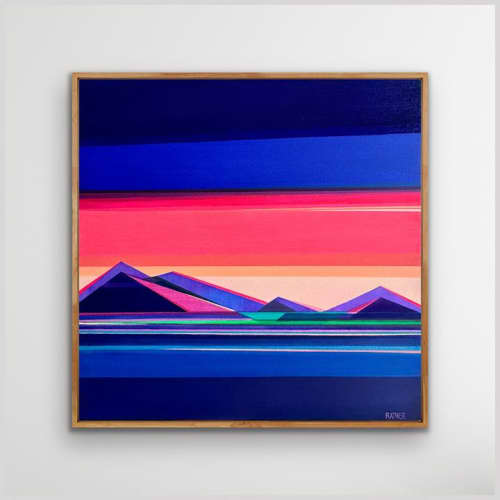 Original 30x30 Geometric Mountain Landscape | Chasing Daylight by Shilo Ratner | Oil And Acrylic Painting in Paintings by Shilo Ratner