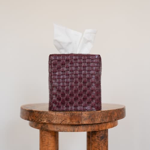 Burgundy Basketweave Faux Leather Single Tissue Box Cover | Toiletry in Storage by Vantage Design