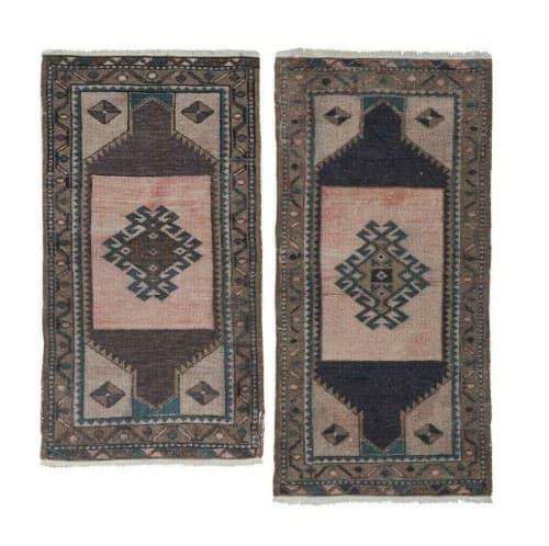 Hand Knotted Turkish Small Rug Mat Distressed Rug | Rugs by Vintage Pillows Store. Item made of cotton & fiber