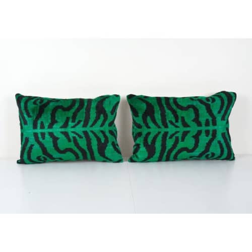 Handmade Luxury Green Tiger Ikat Velvet Pillow - Set of Two | Cushion in Pillows by Vintage Pillows Store